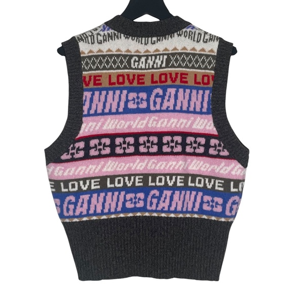 Ganni Size S Graphic Logo V-Neck Sweater Vest Multicolor - Picture 2 of 6